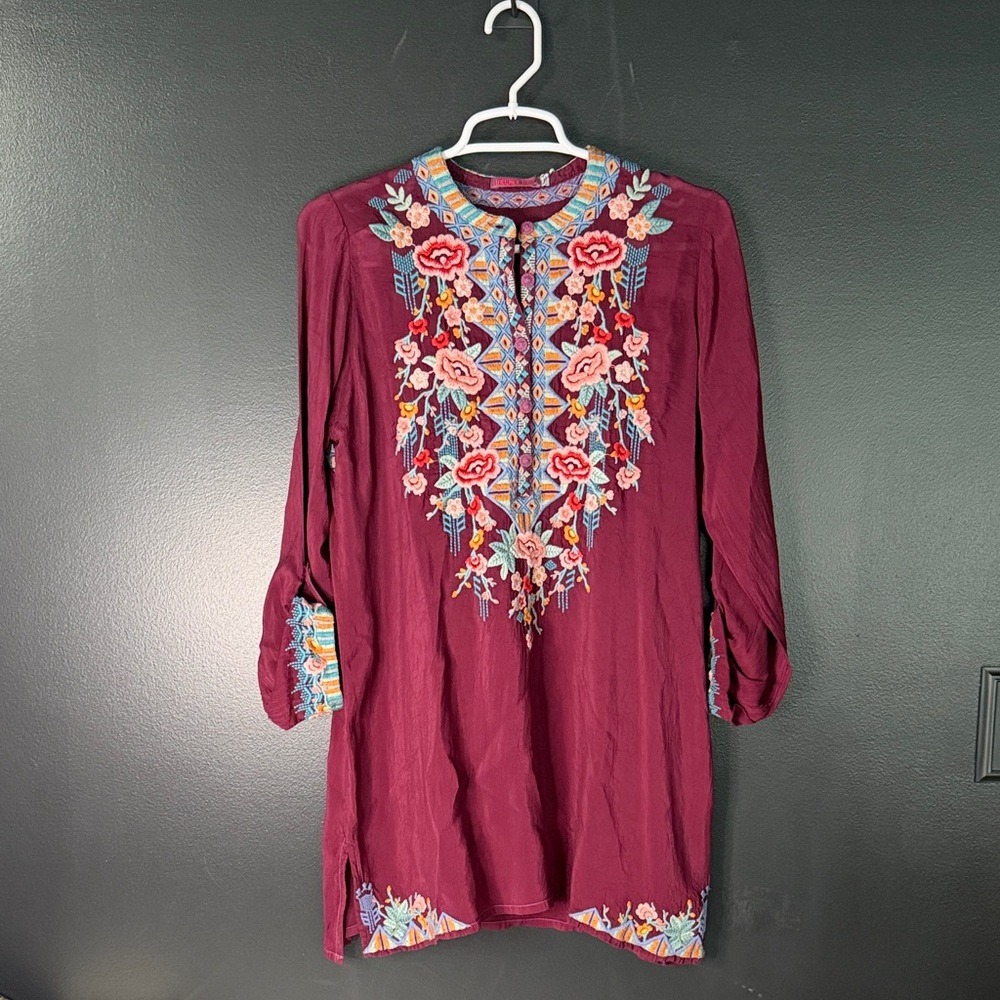 Jonny Was Embroidered Floral Burgundy Dress